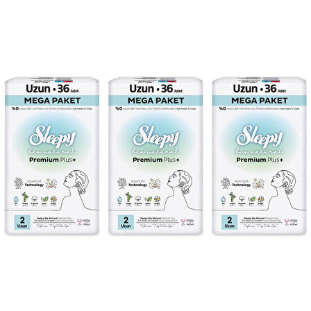 Sleepy Bio Natural Premium Plus Hijyenik Ped Mega Paket Uzun 36x3 (108 Adet) 