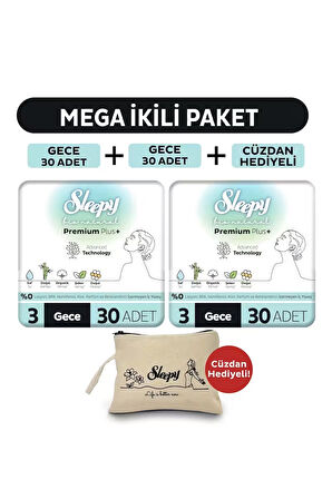 Sleepy Bio Natural Premium Plus Hijyenik Ped Mega Paket Gece 30x2 (60 Adet) + Cüzdan Hediyeli