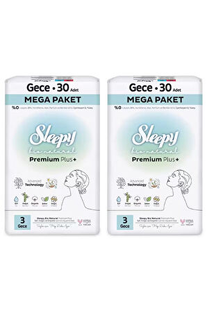 Sleepy Bio Natural Premium Plus Hijyenik Ped Mega Paket Gece 30x2 (60 Adet) + Cüzdan Hediyeli