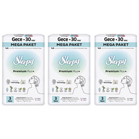 Sleepy Bio Natural Premium Plus Hijyenik Ped Mega Paket Gece 30x3 (90 Adet) 