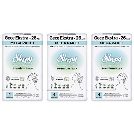 Sleepy Bio Natural Premium Plus Hijyenik Ped Mega Paket Gece Extra 26x3 (78 Adet) 