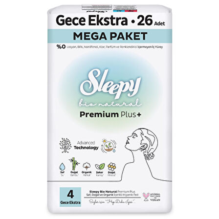 Sleepy Bio Natural Premium Plus Hijyenik Ped Mega Paket Gece Extra 26 Adet