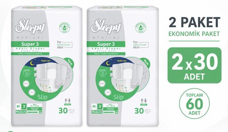 Sleepy Süper3 Belbantlı Hasta Bezi M Beden 2 Paket 60 Adet
