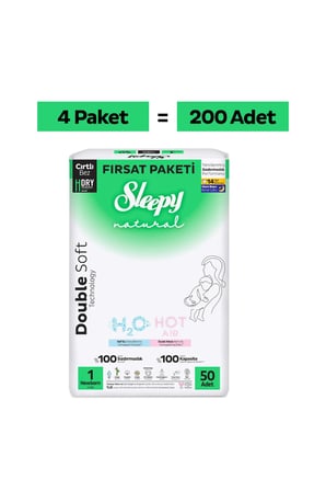 Sleepy Natural Double Soft Mega Fırsat Paketi Bebek Bezi 1 Numara Newborn 200 Adet