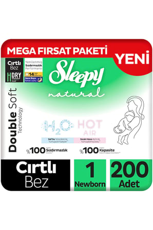 Sleepy Natural Double Soft Mega Fırsat Paketi Bebek Bezi 1 Numara Newborn 200 Adet