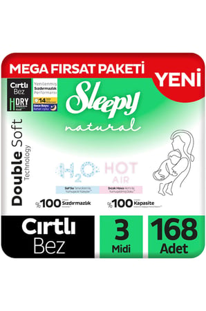 Sleepy Natural Double Soft Mega Fırsat Paketi Bebek Bezi 3 Numara Midi 168 Adet