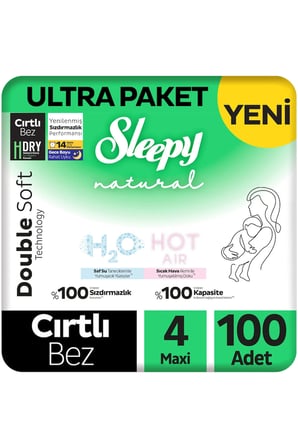 Sleepy Natural Double Soft Ultra Paket Bebek Bezi 4 Numara Maxi 100 Adet