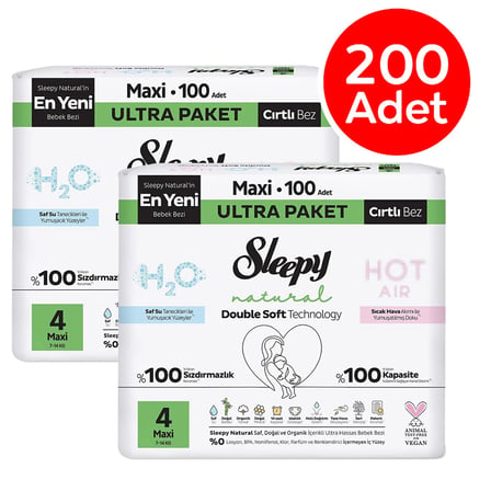 Sleepy Natural Bebek Bezi 4 No Maxi 100 lü Ultra Paket x 2 Adet (200 Adet)