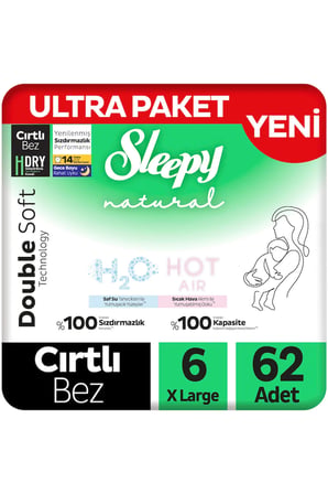 Sleepy Natural Double Soft Ultra Paket Bebek Bezi 6 Numara Xlarge 62 Adet
