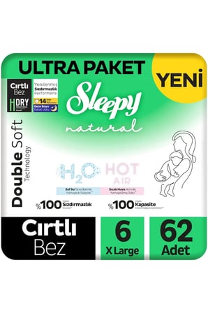 Sleepy Natural Double Soft Ultra Paket Bebek Bezi 6 Numara Xlarge 62 Adet