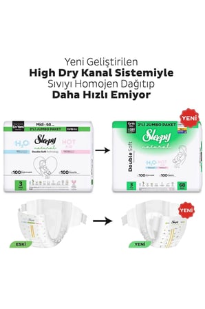 Sleepy Natural Double Soft Avantajlı Mega Paket Bebek Bezi 3 Numara Midi 136 Adet