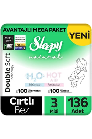 Sleepy Natural Double Soft Avantajlı Mega Paket Bebek Bezi 3 Numara Midi 136 Adet