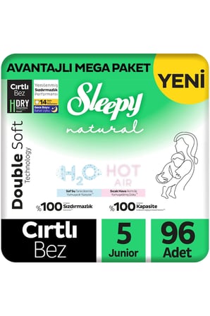 Sleepy Natural Double Soft Avantajlı Mega Paket Bebek Bezi 5 Numara Junior 96 Adet