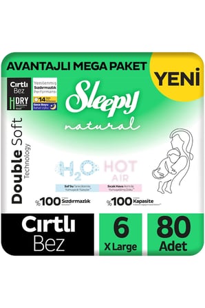 Sleepy Natural Double Soft Avantajlı Mega Paket Bebek Bezi 6 Numara Xlarge 80 Adet