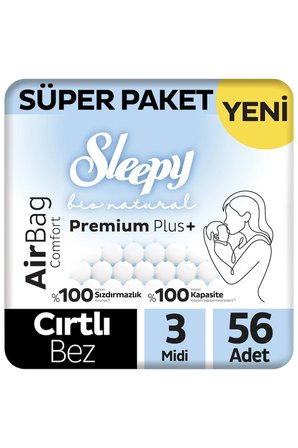 Sleepy Bio Natural Premium Plus Airbag Comfort Süper Paket Bebek Bezi 3 Numara Midi 56 Adet