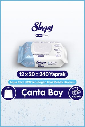 Sleepy AquaCare H2O Yenidoğan Islak Bebek Havlusu Seyahat Boy 12x20 (240 Yaprak)