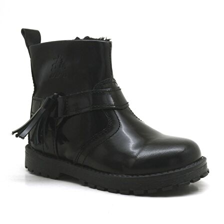 Chiron Hakiki Deri Siyah Rugan Püsküllü Kız Bebek Bot