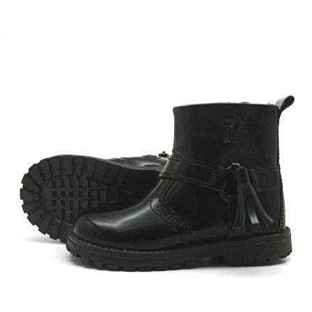 Chiron Hakiki Deri Siyah Rugan Püsküllü Kız Bebek Bot