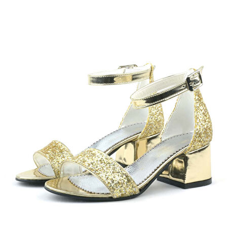 Elsa Altın Simli Kalın Topuklu Kız Çocuk Abiye Ayakkabı