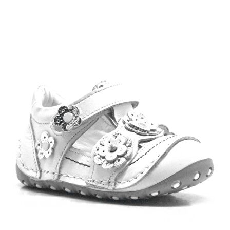 Hakiki Deri Gümüş Beyaz Cırtlı Yazlık İlk Adım Ayakkabı