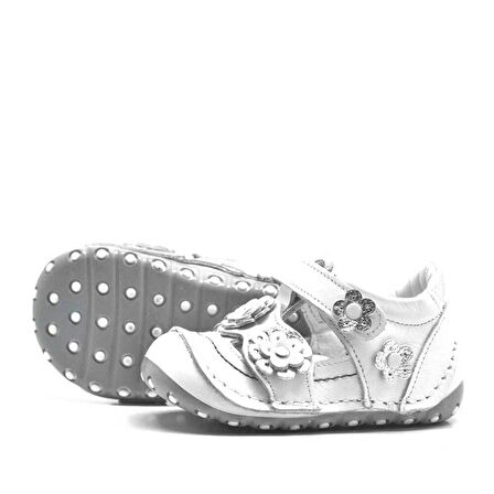 Hakiki Deri Gümüş Beyaz Cırtlı Yazlık İlk Adım Ayakkabı