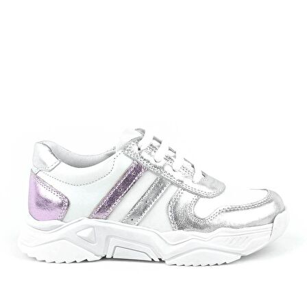 Hakiki Deri Gümüş Pembe Kalın Tabanlı Kız Çocuk Sneakers Ayakkabı