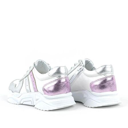 Rakerplus Hakiki Deri Gümüş Pembe Kalın Tabanlı Kız Çocuk Sneakers Ayakkabı