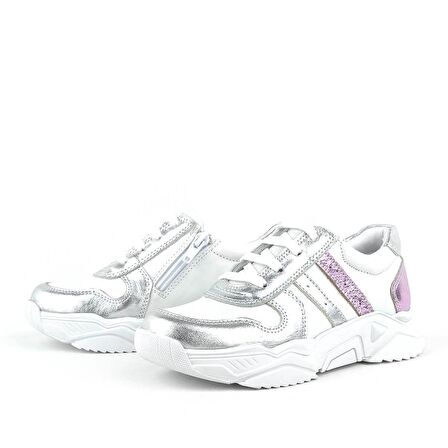 Rakerplus Hakiki Deri Gümüş Pembe Kalın Tabanlı Kız Çocuk Sneakers Ayakkabı