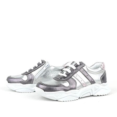 Hakiki Deri Platin Pembe Kalın Taban Kız Çocuk Sneakers Ayakkabı