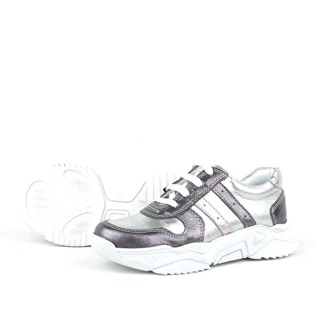 Hakiki Deri Platin Pembe Kalın Taban Kız Çocuk Sneakers Ayakkabı