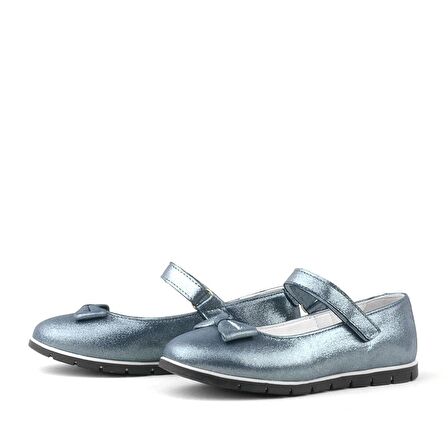 Rakerplus Hakiki Deri Antrasit Lacivert Cırtlı Kız Çocuk Babet