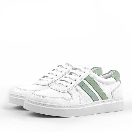 Hakiki Deri Beyaz Bağcıklı Fermuarlı Çocuk Sneaker