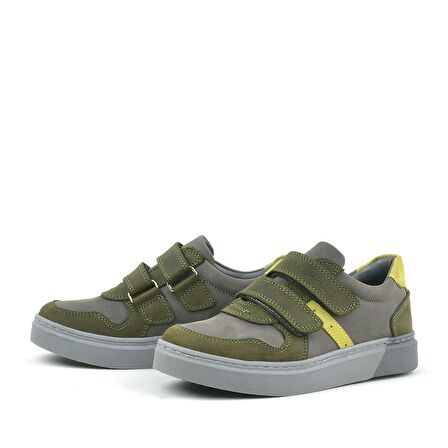 Hakiki Deri Haki Gri Cırtlı Erkek Çocuk Sneaker
