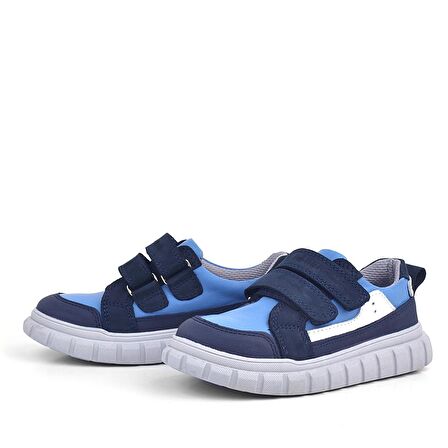 Rakerplus Hakiki Deri Lacivert Mavi Cırtlı Çocuk Günlük Spor Okul Ayakkabı