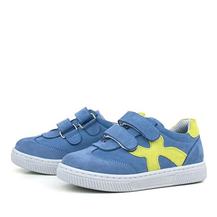 Rakerplus Hakiki Deri Mavi Yeşil Cırtlı Çocuk Spor Ayakkabı