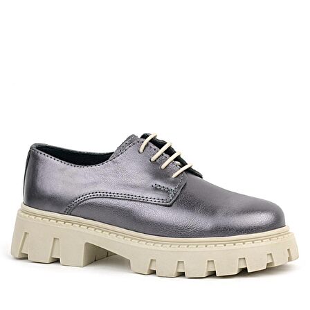 Rakerplus Platin Hakiki Deri Bağcıklı Kız Çocuk Oxford Okul Ayakkabı