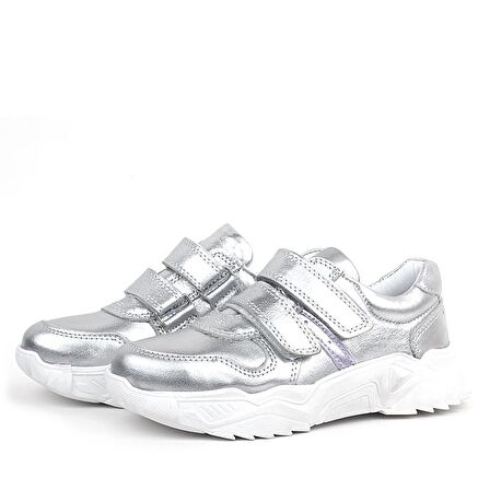 Rakerplus Hakiki Deri Gümüş Beyaz Tabanlı Kız Çocuk Sneakers Ayakkabı