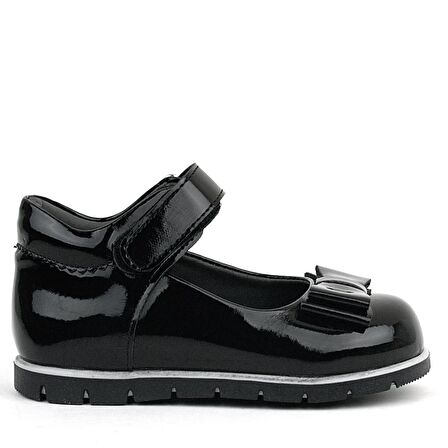 Rakerplus Siyah Rugan Fiyonklu Kız Bebek Babet Ayakkabı