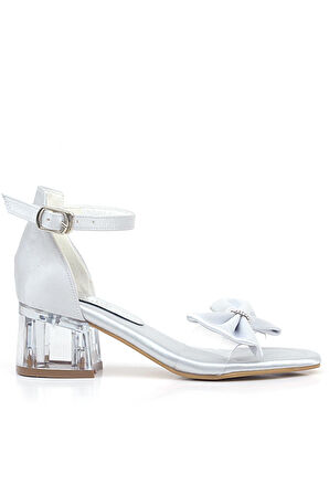 Jessie Gümüş Saten Kurdeleli Kız Çocuk Topuklu Ayakkabı