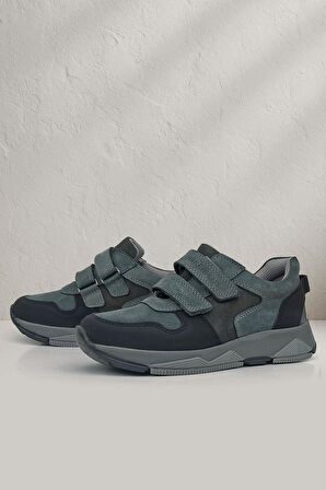 Rakerplus Hakiki Deri Koyu Gri Siyah Çocuk Cırtlı Sneakers Spor Ayakkabı