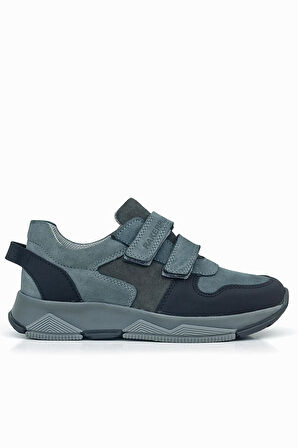 Rakerplus Hakiki Deri Koyu Gri Siyah Çocuk Cırtlı Sneakers Spor Ayakkabı