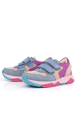 Rakerplus Hakiki Deri Pudra Mavi Fuşya Çocuk Sneakers Spor Ayakkabı