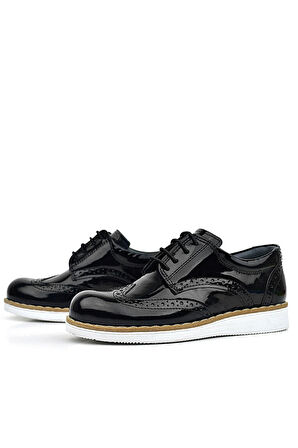 Rakerplus Hidra Hakiki Deri Siyah Rugan Bağcıklı Erkek Çocuk Klasik Ayakkabı