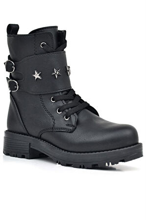 Rakerplus Siyah Bağcıklı Fermuarlı Yıldız Detaylı Kız Çocuk Bot