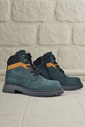 Rakerplus Hakiki Deri Koyu Yeşil Taba Bağcıklı Fermuarlı Kışlık Çocuk Bot