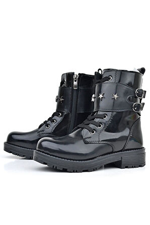 Rakerplus Siyah Rugan Bağcıklı Fermuarlı Yıldız Detaylı Kız Çocuk Bot