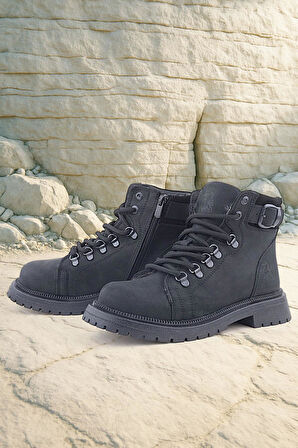 Gerçek Kürklü Hakiki Deri Siyah Nubuk Bağcıklı Fermuarlı Çocuk Kar Botu