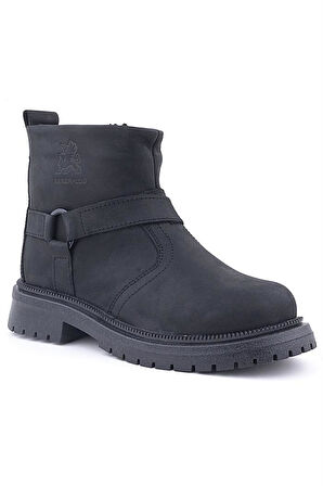 Gerçek Kürklü Hakiki Deri Siyah Nubuk Fermuarlı Çocuk Bot