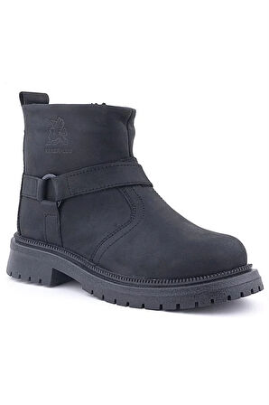 Gerçek Kürklü Hakiki Deri Siyah Nubuk Fermuarlı Çocuk Bot