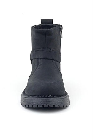 Gerçek Kürklü Hakiki Deri Siyah Nubuk Fermuarlı Çocuk Bot
